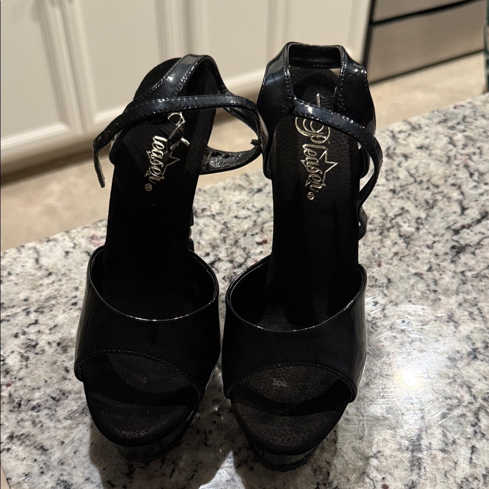 Pleaser Glossy Black Strappy Heels